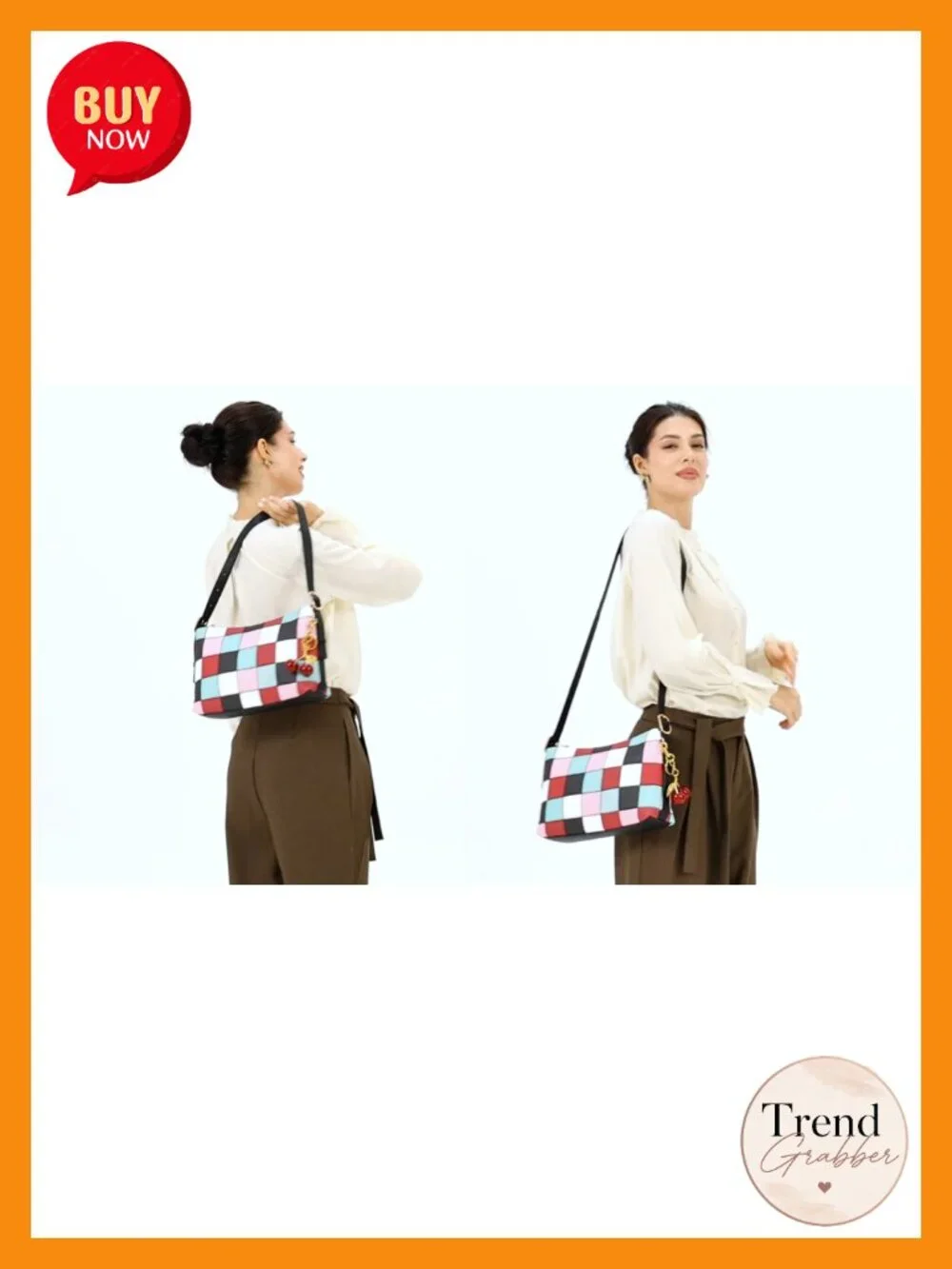 Vegan Leather Checkered Hobo Shoulder Bag with Cherry Charm - Medium Slouchy